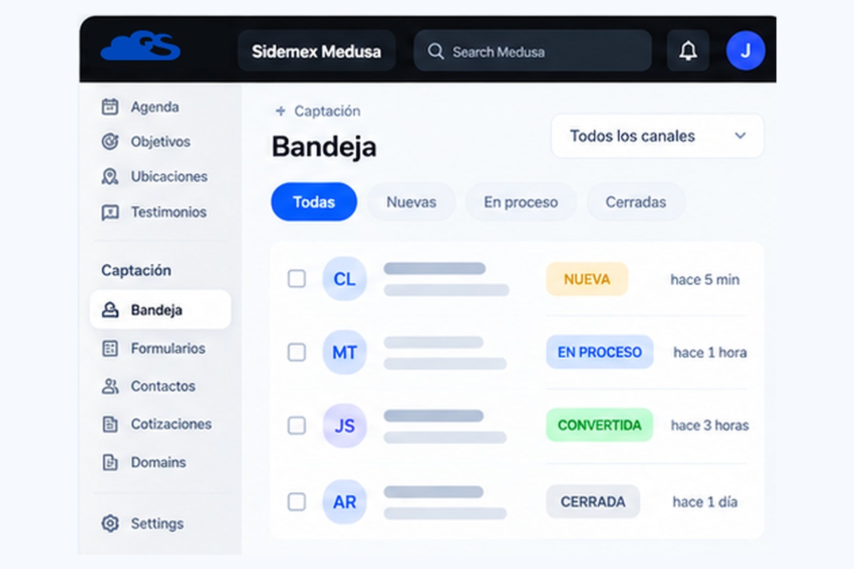 Bandeja de Sidemex Medusa con solicitudes y estados de seguimiento.