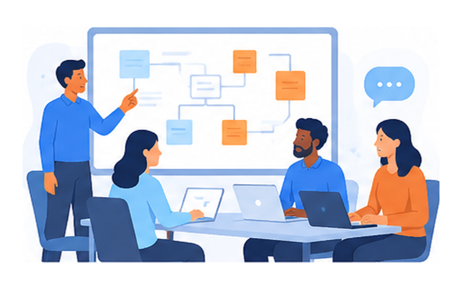 Equipo planeando alianzas comerciales y arquitectura digital de un proyecto empresarial