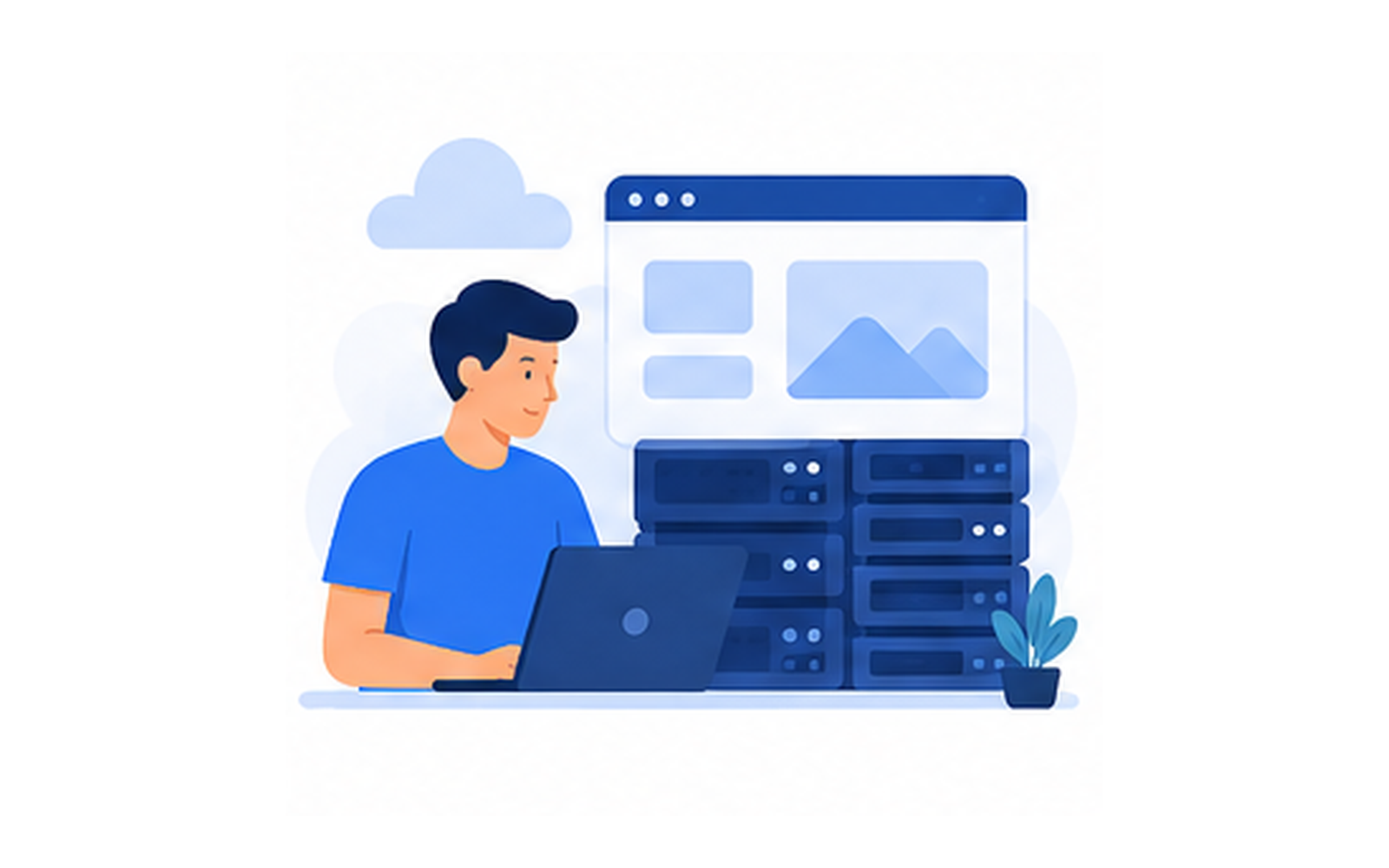 Ilustración de hosting con servidores y persona trabajando en laptop