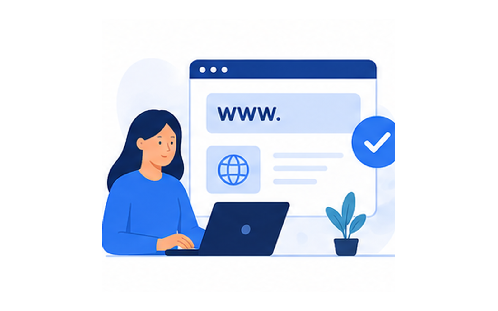 Ilustración de registro de dominio con ventana WWW y verificación