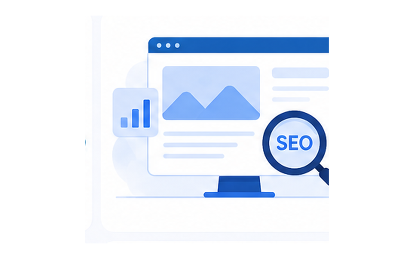 Ilustración de SEO con lupa sobre pantalla web