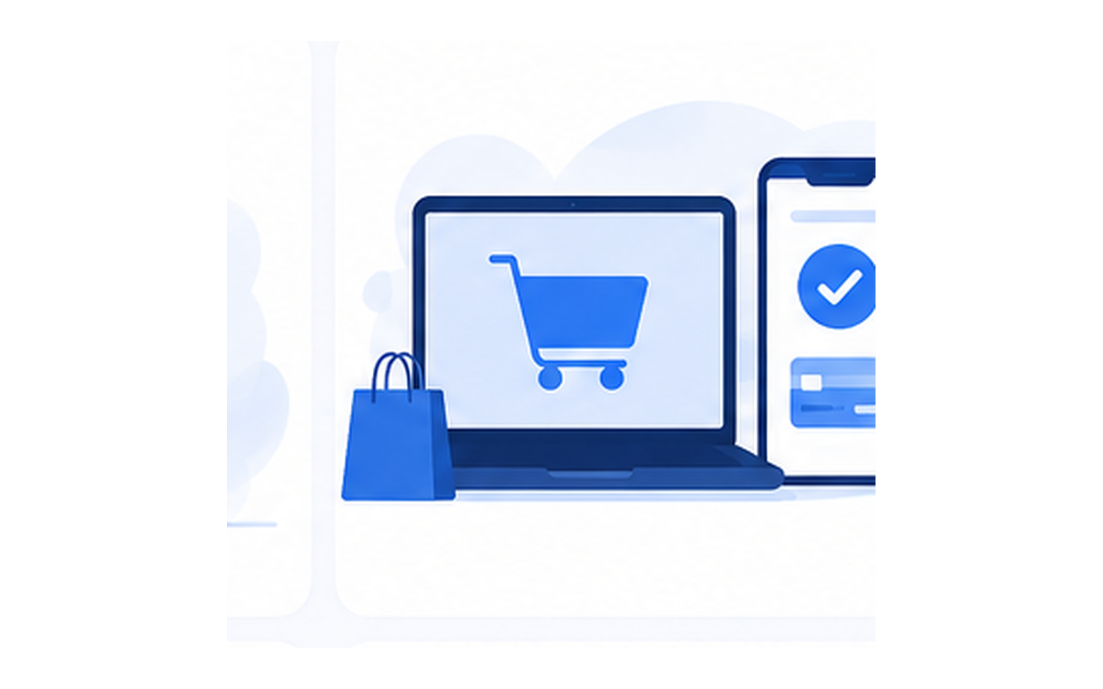 Ilustración de ecommerce con carrito de compras en laptop y móvil