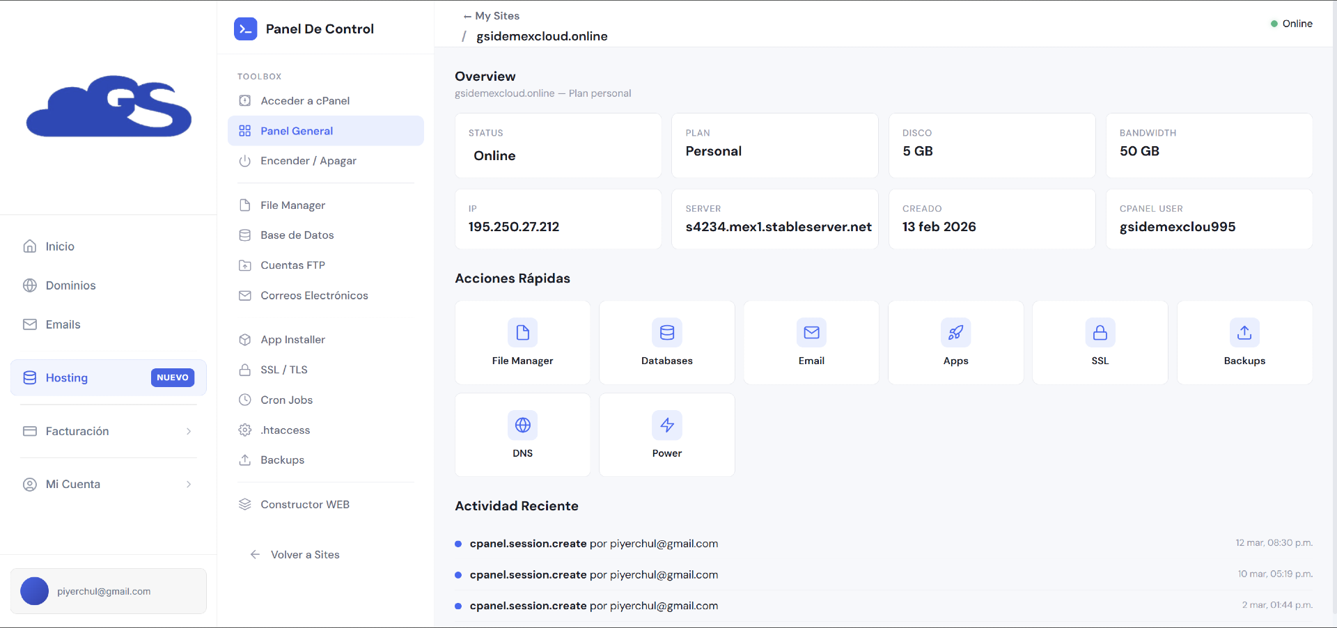 Panel de Control SIDEMEX — Administra tu hosting fácilmente